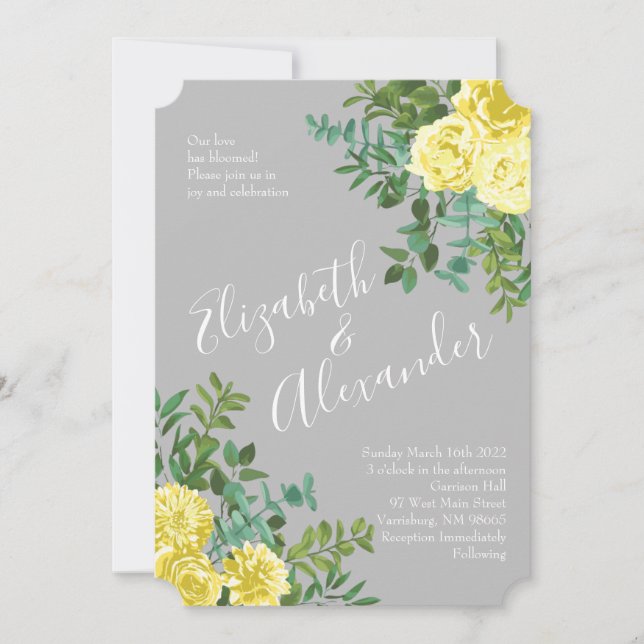 Invitación Boda floral amarillo y gris claro y Rosa (Anverso)
