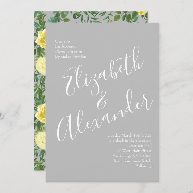 Invitación Boda floral amarillo y gris claro y Rosa (Anverso / Reverso)