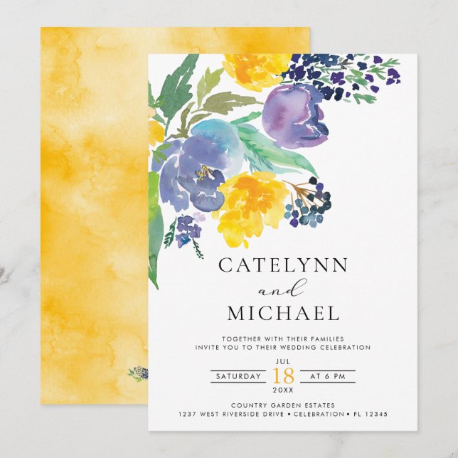 Invitación Boda floral amarillo y morado brillante de la mari (Anverso / Reverso)