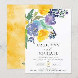 Invitación Boda floral amarillo y morado brillante de la mari