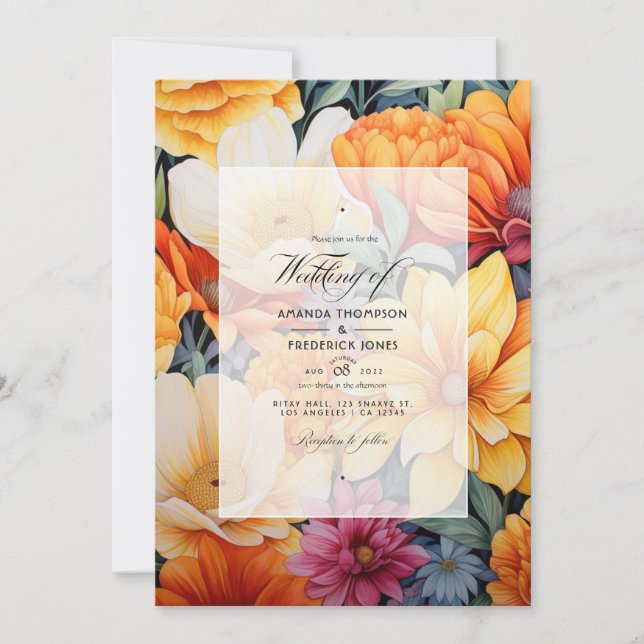 Invitación Boda floral amarillo y Naranja (Anverso)