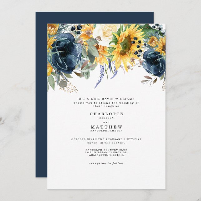 Invitación Boda floral amarillo y naval (Anverso / Reverso)