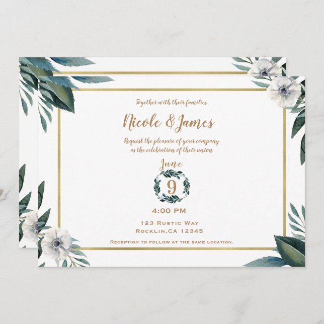 Invitación Boda Floral Anemone con hojas verdes blancas (Anverso / Reverso)