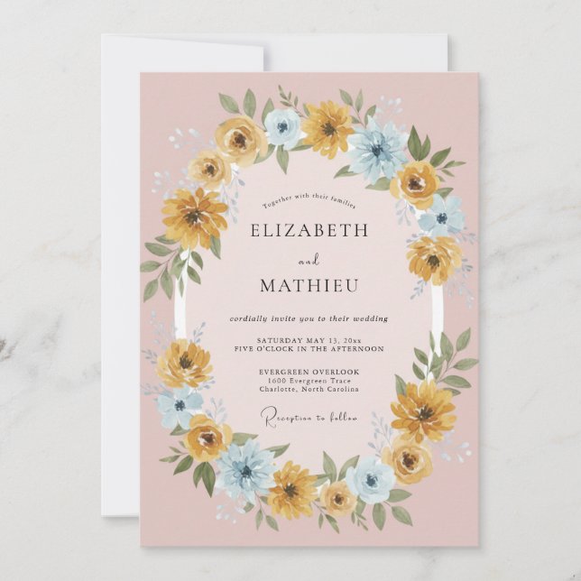 Invitación Boda floral animada de azul polvoriento (Anverso)