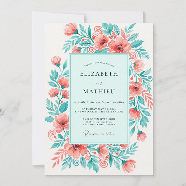 Invitación Boda floral animada de menta coral (Anverso)