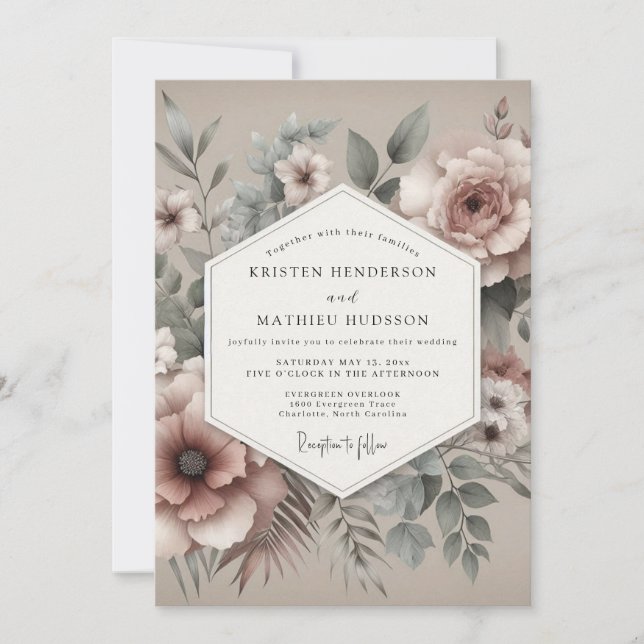 Invitación Boda Floral Antigua Rosa Polvorienta (Anverso)