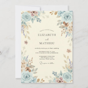 Invitación Boda Floral Antigüedad Azul Claro