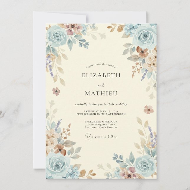 Invitación Boda Floral Antigüedad Azul Claro (Anverso)