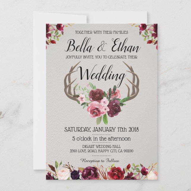 Invitación Boda Floral Antler Suite Deer Hunting Style (Anverso)
