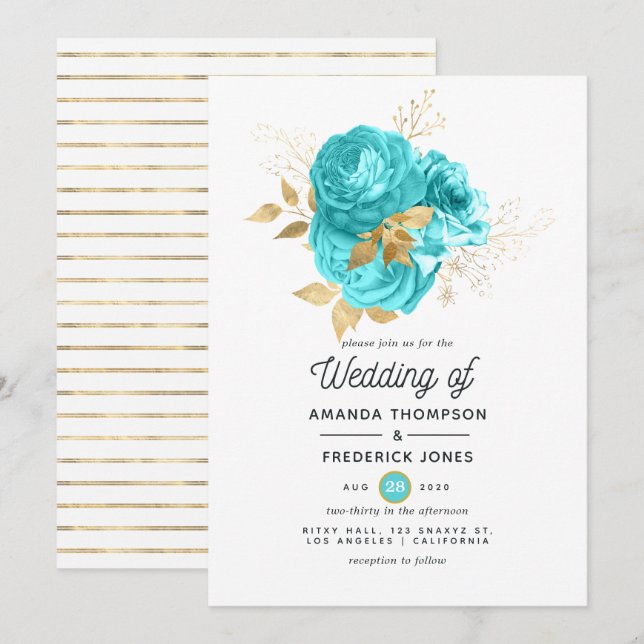 Invitación Boda floral Aqua Blue and Gold (Anverso / Reverso)