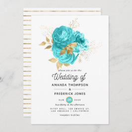 Invitación Boda floral Aqua Blue and Gold