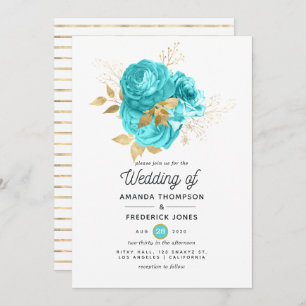 Invitación Boda floral Aqua Blue and Gold