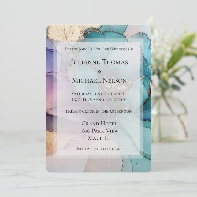 Invitación Boda floral Aqua Blue Purple Gold (Anverso de pie)