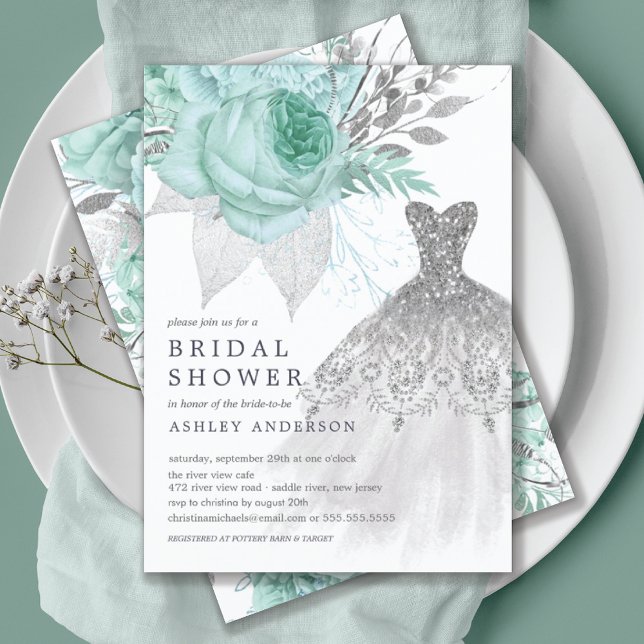 Invitación Boda floral Aqua & Silver Vestido Ducha de novia (Subido por el creador)