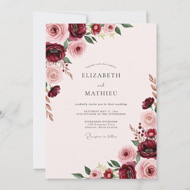 Invitación Boda floral armoniosa de Borgoña (Anverso)