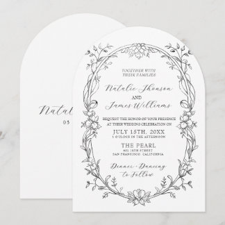 Invitación Boda Floral Arqueada en Blanco y Negro Dinero Anti