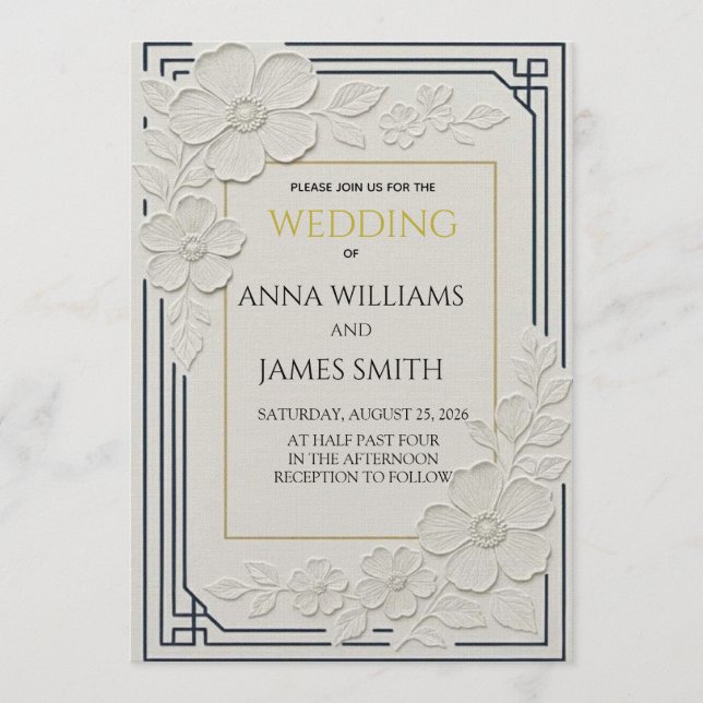 Invitación Boda floral art déco con relieve (Anverso)