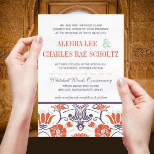 Invitación Boda floral Art Deco morado y Naranja