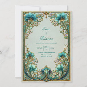 Invitación Boda Floral Art Nouveau Turquesa Dorada