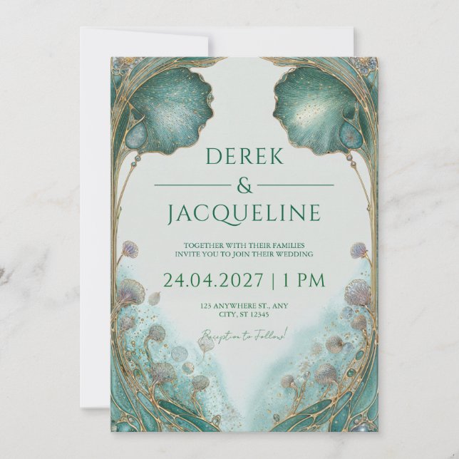 Invitación Boda floral Art Nouveau Verde azulado & Gold (Anverso)