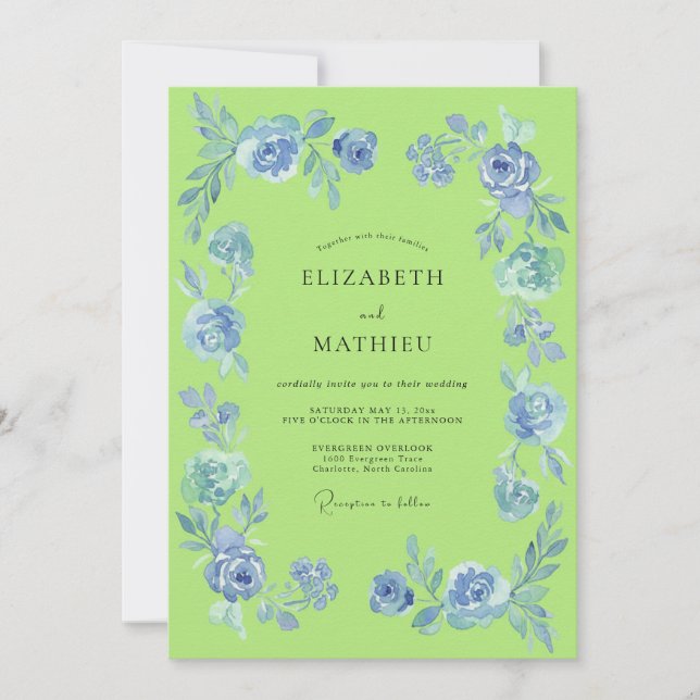 Invitación Boda Floral Artística Azul (Anverso)