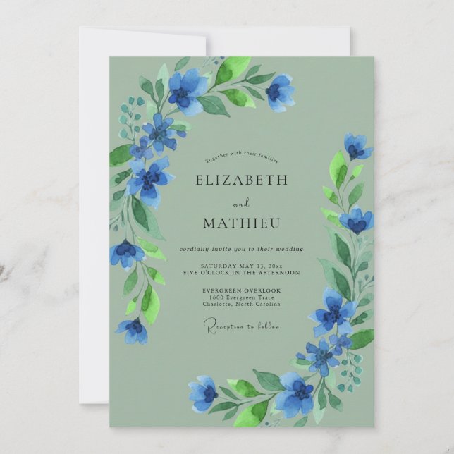Invitación Boda Floral Artística Azul (Anverso)