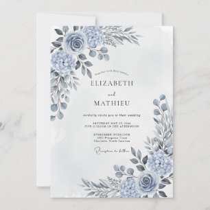Invitación Boda Floral Artística Azul Acero
