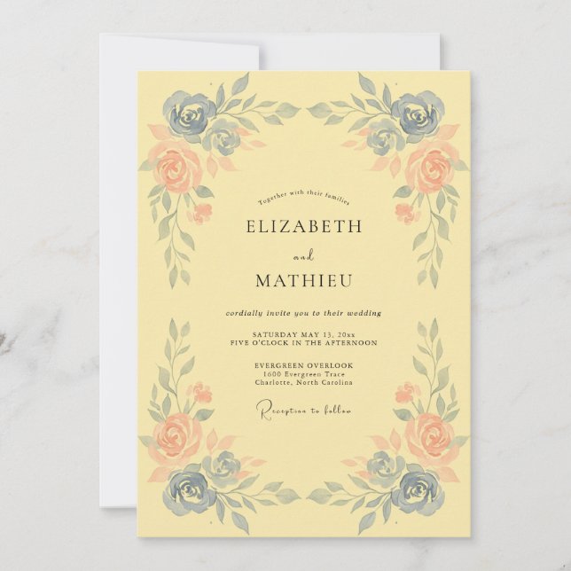 Invitación Boda Floral Artística Azul Melocotón (Anverso)