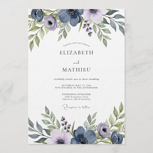 Invitación Boda floral artística azul pizarra (Anverso)