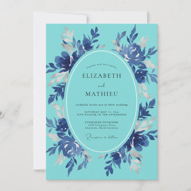 Invitación Boda floral artística azul turquesa (Anverso)