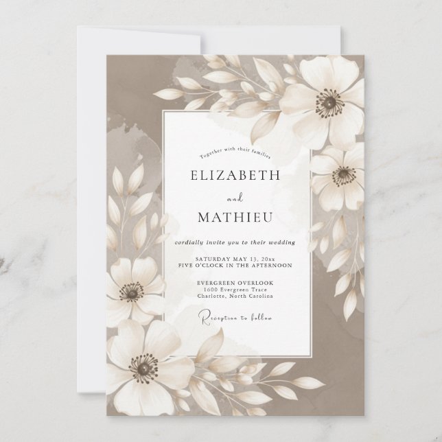 Invitación Boda Floral Artística Beige (Anverso)