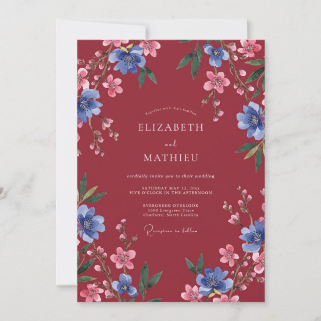 Invitación Boda Floral Artística Borgoña (Anverso)