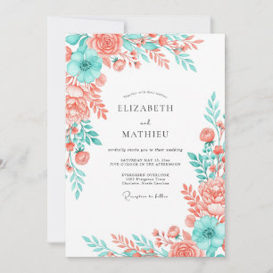 Invitación Boda Floral Artística Coral Aqua