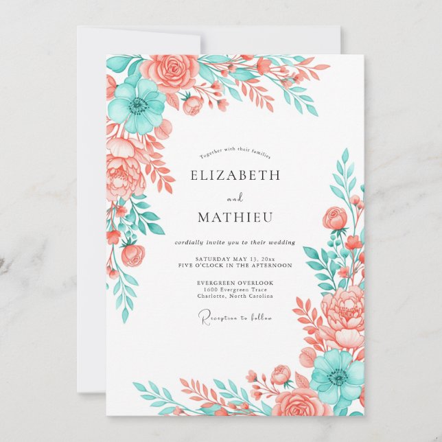 Invitación Boda Floral Artística Coral Aqua (Anverso)