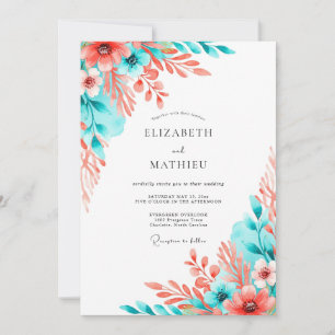Invitación Boda Floral Artística Coral Turquesa