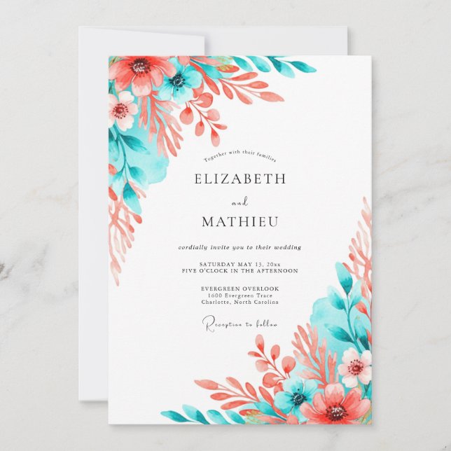 Invitación Boda Floral Artística Coral Turquesa (Anverso)