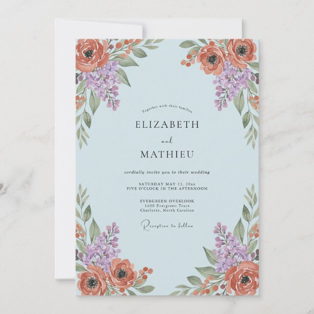 Invitación Boda floral artística de azul claro (Anverso)