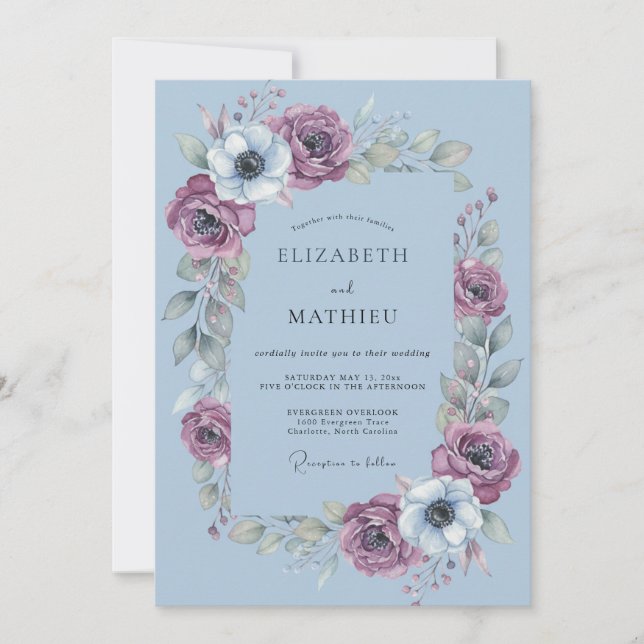 Invitación Boda floral artística de azul polvoriento (Anverso)