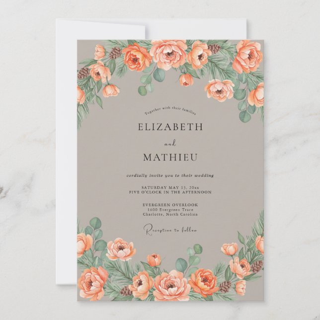 Invitación Boda floral artística de coral (Anverso)