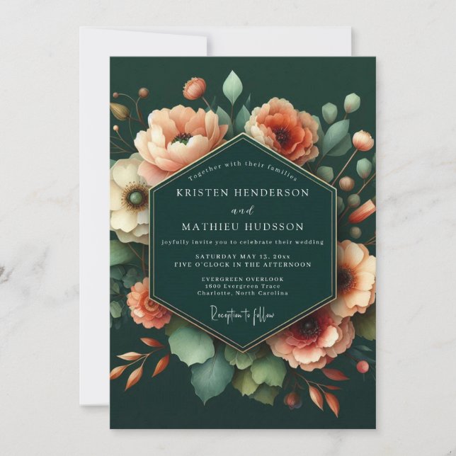 Invitación Boda Floral Artística de Melocotón Esmeralda (Anverso)