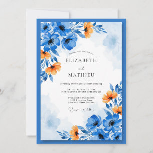 Invitación Boda floral artística de naranja azul