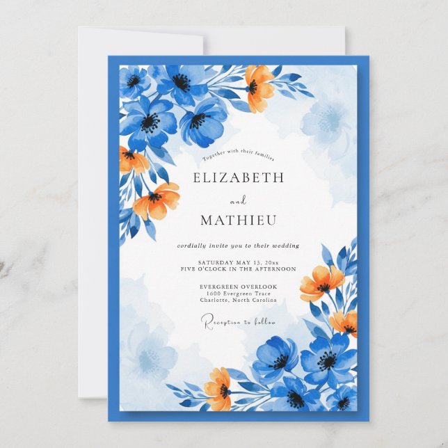 Invitación Boda floral artística de naranja azul (Anverso)