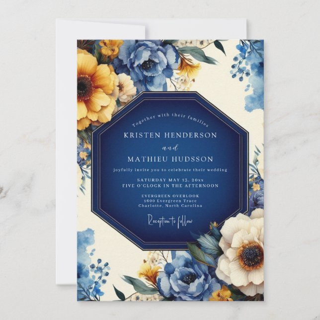Invitación Boda Floral Artística Índigo (Anverso)