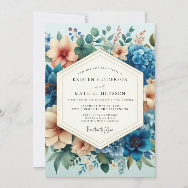 Invitación Boda Floral Artística Melocotón Azul Pizarra (Anverso)