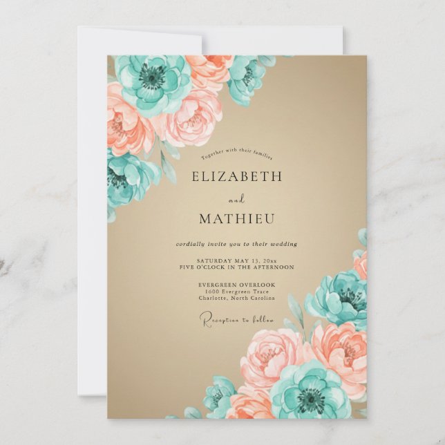 Invitación Boda Floral Artística Melocotón Verde (Anverso)