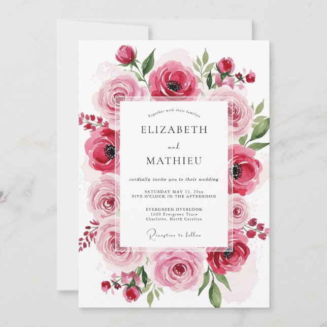Invitación Boda Floral Artística Rosa (Anverso)