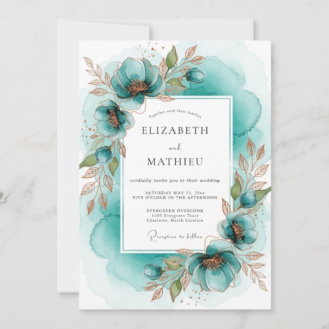 Invitación Boda Floral Artística Turquesa (Anverso)