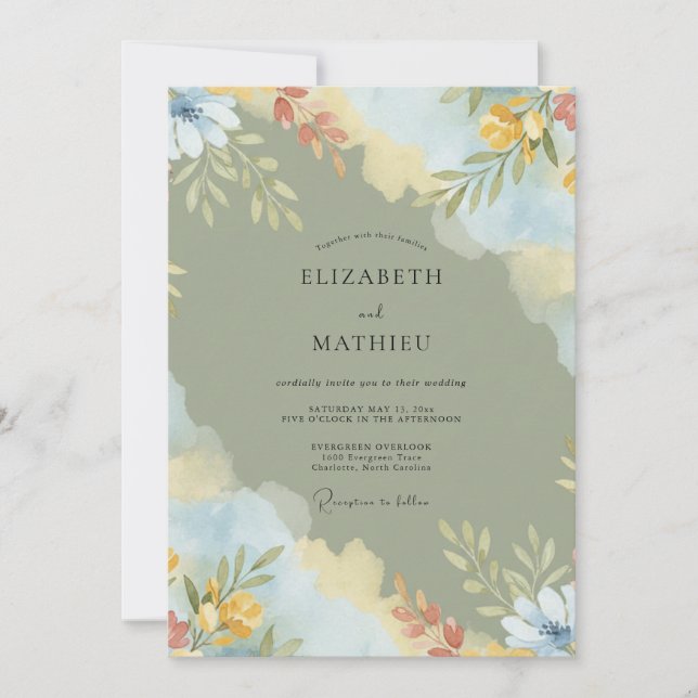 Invitación Boda Floral Artística Verde Salvia (Anverso)