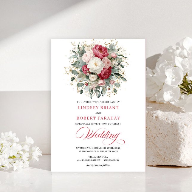 Invitación Boda floral atemporal boho blush blanco dorado (Timeless Boho Blush White Gold Floral Wedding Invitation)