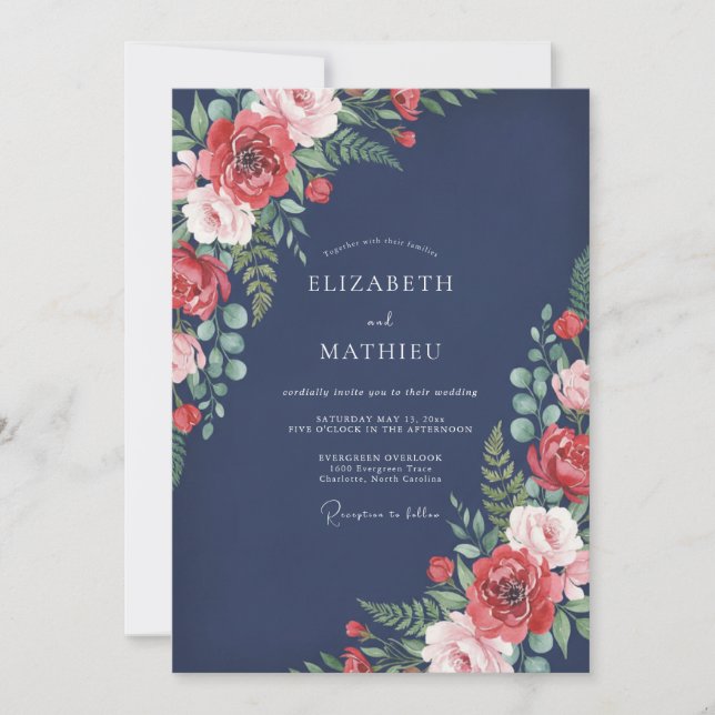 Invitación Boda floral atemporal de azul marino (Anverso)